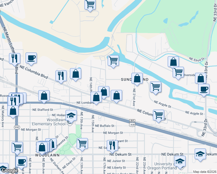 map of restaurants, bars, coffee shops, grocery stores, and more near 7710 Northeast 17th Avenue in Portland