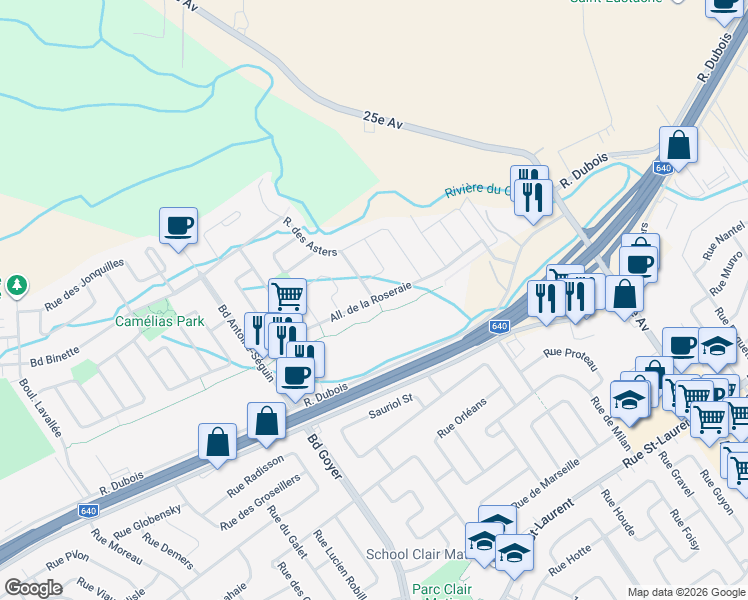 map of restaurants, bars, coffee shops, grocery stores, and more near Allée de la Roseraie in Saint-Eustache