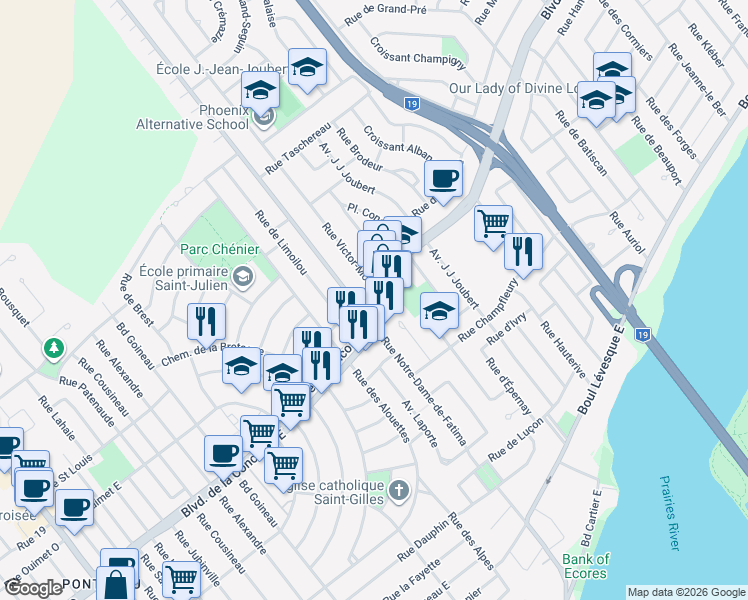 map of restaurants, bars, coffee shops, grocery stores, and more near 1605 Boulevard de la Concorde Est in Laval