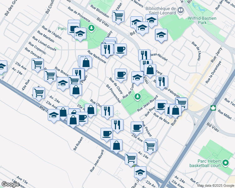 map of restaurants, bars, coffee shops, grocery stores, and more near 8531 Boulevard Provencher in Montréal