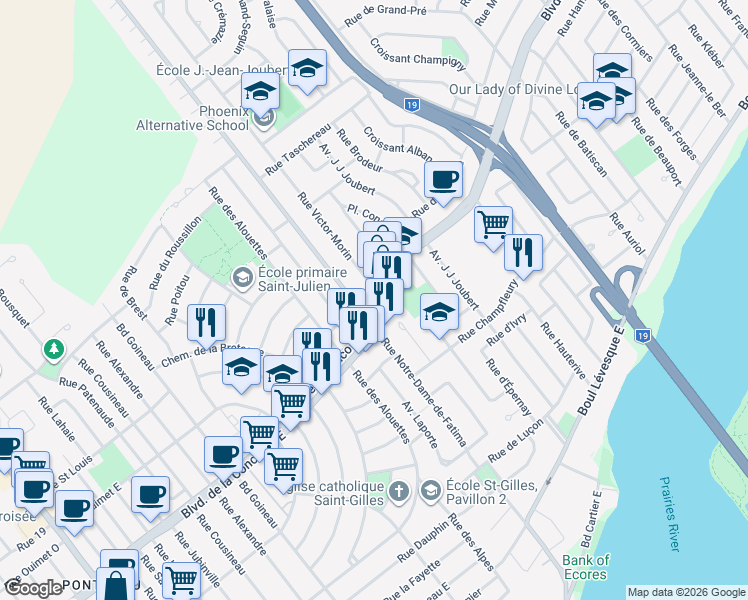 map of restaurants, bars, coffee shops, grocery stores, and more near 1615 Boulevard de la Concorde Est in Laval