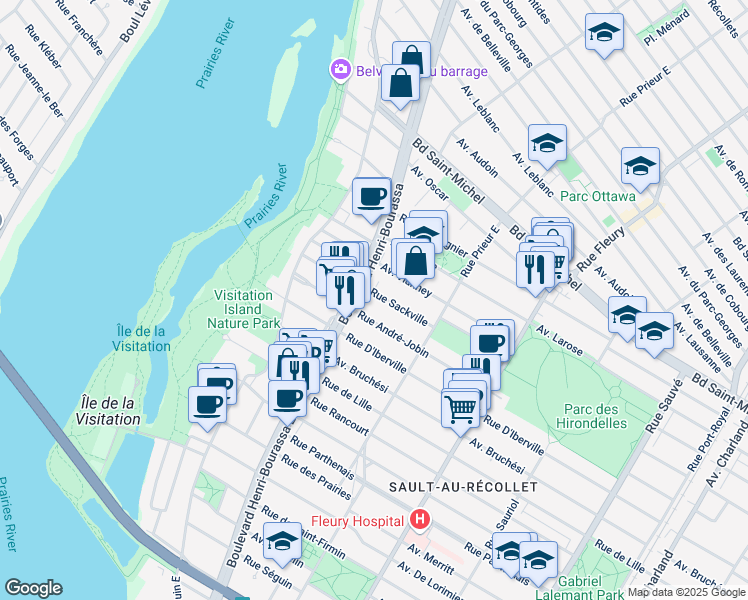 map of restaurants, bars, coffee shops, grocery stores, and more near 10680 Rue Sackville in Montréal