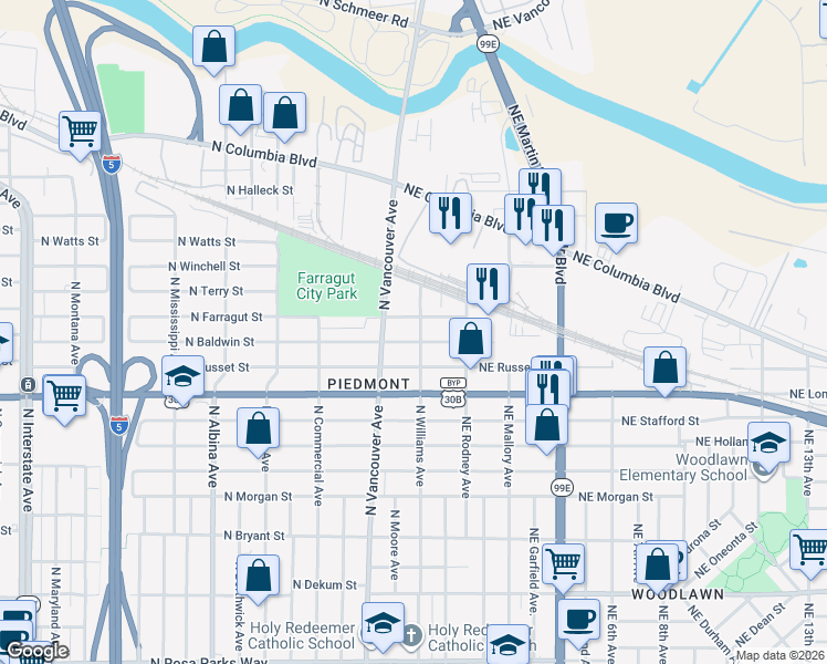 map of restaurants, bars, coffee shops, grocery stores, and more near 6 North Farragut Street in Portland