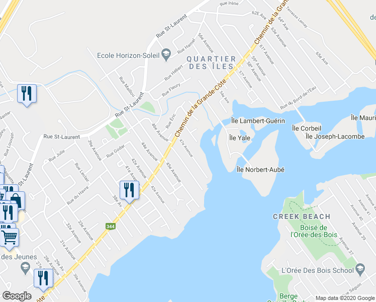 map of restaurants, bars, coffee shops, grocery stores, and more near 47e Avenue in Saint-Eustache