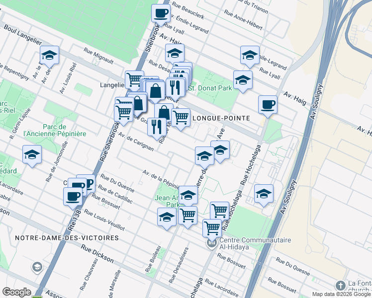 map of restaurants, bars, coffee shops, grocery stores, and more near 2860 Avenue de Repentigny in Montreal