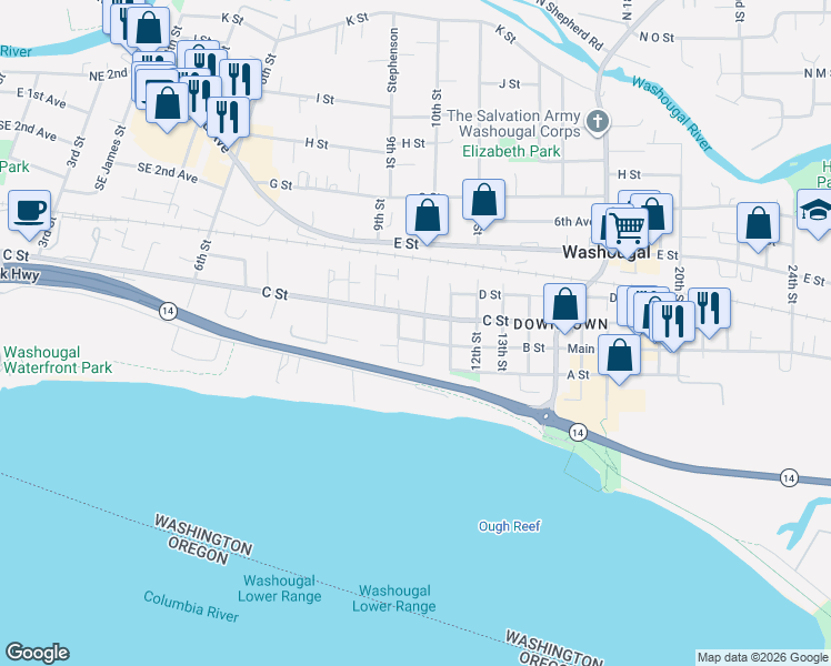 map of restaurants, bars, coffee shops, grocery stores, and more near 969 B Street in Washougal