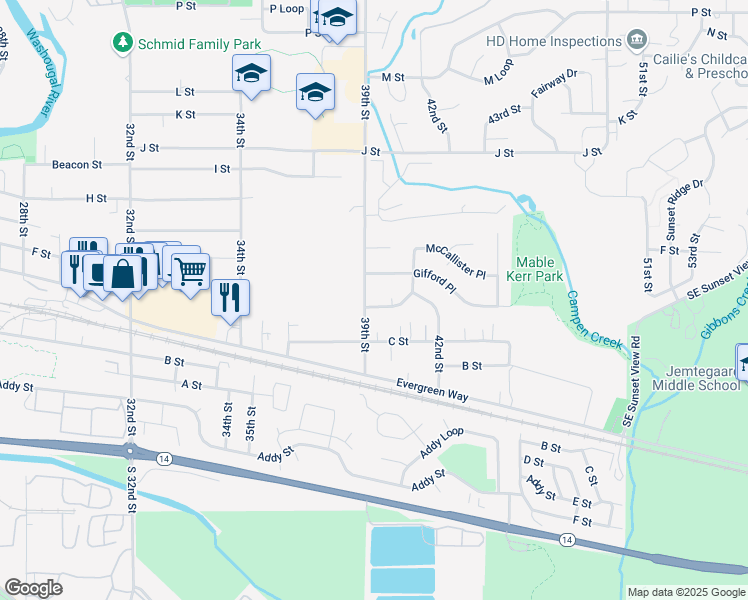 map of restaurants, bars, coffee shops, grocery stores, and more near 406 39th St in Washougal