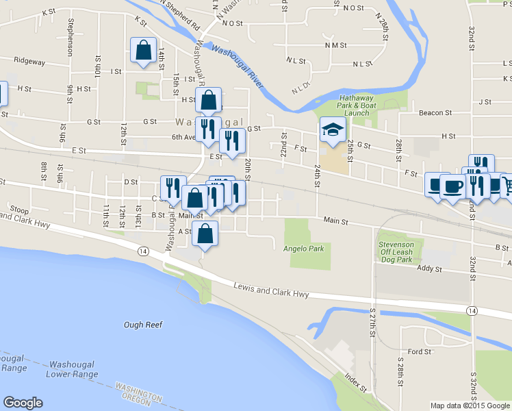 map of restaurants, bars, coffee shops, grocery stores, and more near 2026 C Street in Washougal