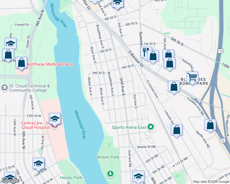 map of restaurants, bars, coffee shops, grocery stores, and more near 1018 Broadway Avenue South in Sauk Rapids