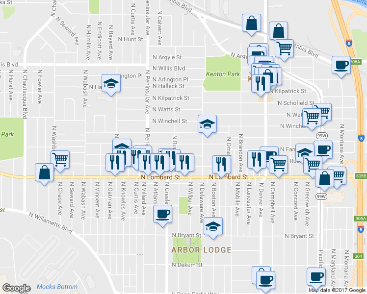 map of restaurants, bars, coffee shops, grocery stores, and more near 2622 North Farragut Street in Portland