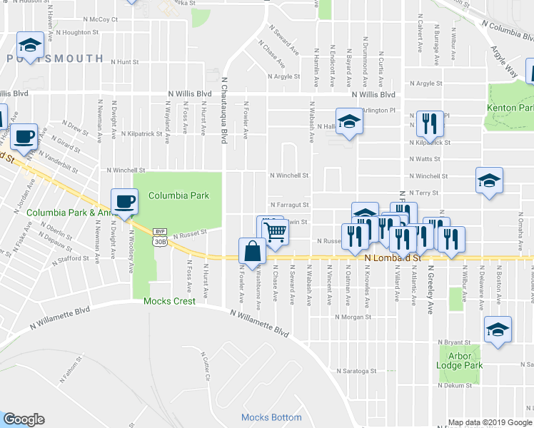 map of restaurants, bars, coffee shops, grocery stores, and more near 3798 North Baldwin St-Farragut Street Alley in Portland