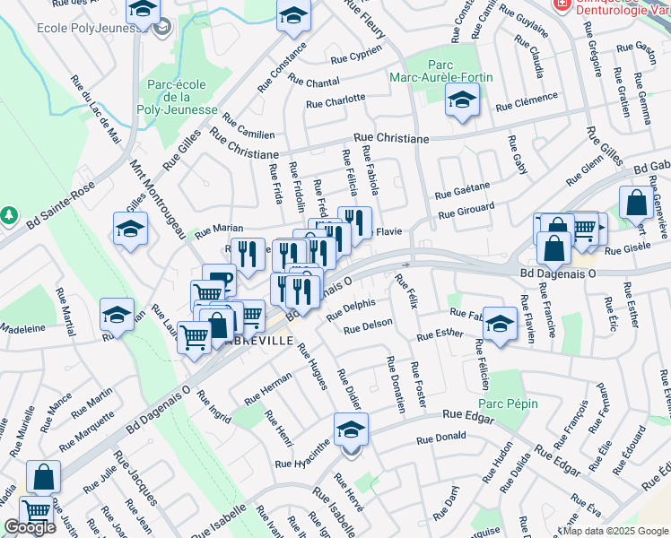 map of restaurants, bars, coffee shops, grocery stores, and more near in Laval