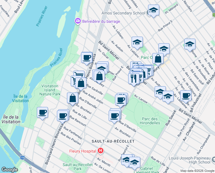 map of restaurants, bars, coffee shops, grocery stores, and more near 2715 Rue Prieur Est in Montréal