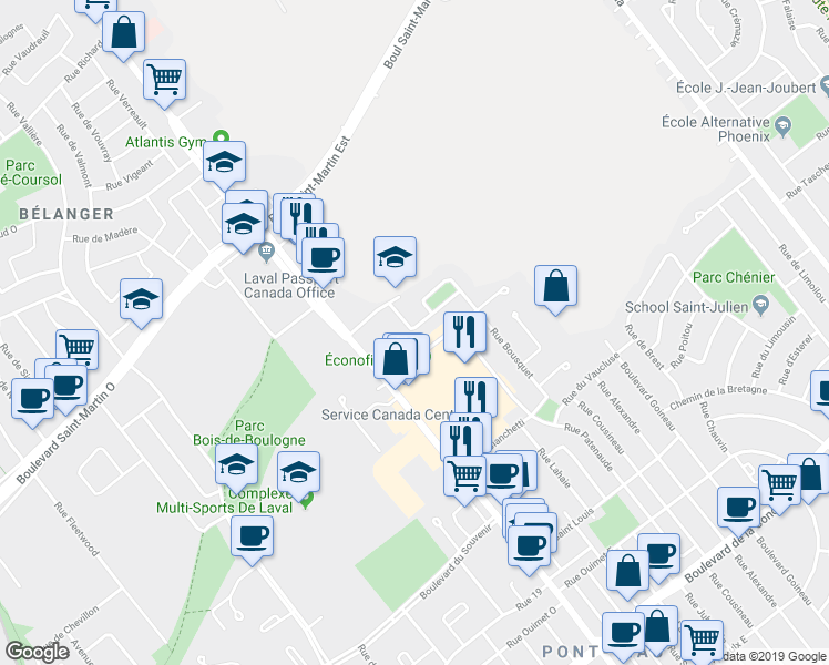 map of restaurants, bars, coffee shops, grocery stores, and more near 1320 Rue Bousquet in Laval