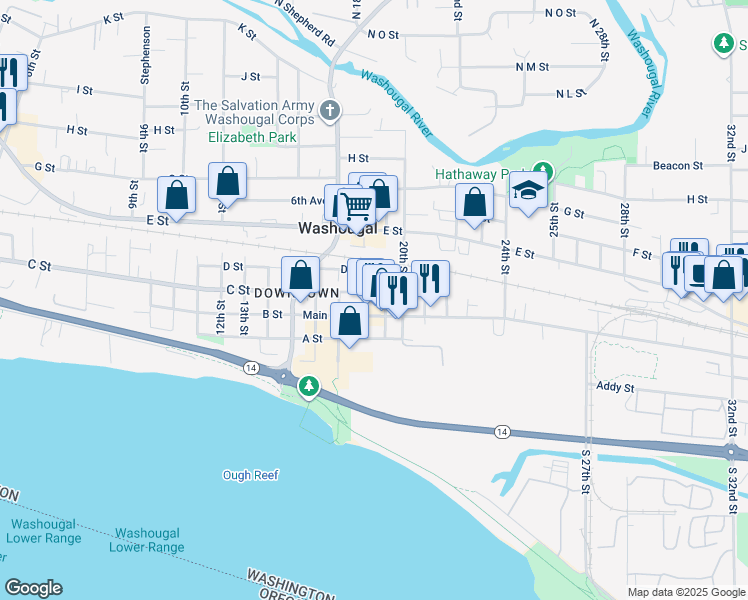 map of restaurants, bars, coffee shops, grocery stores, and more near 1911 Main Street in Washougal