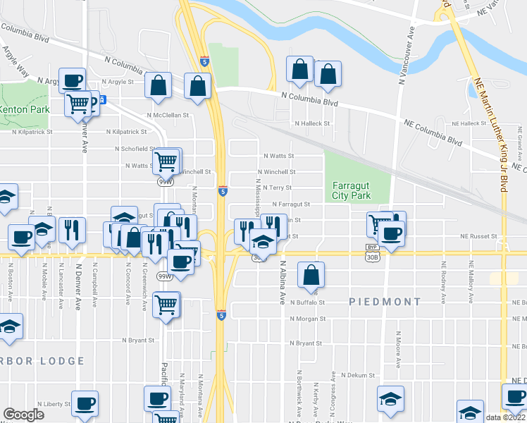map of restaurants, bars, coffee shops, grocery stores, and more near 7676 North Mississippi Avenue in Portland