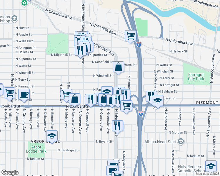 map of restaurants, bars, coffee shops, grocery stores, and more near 1627 North Farragut Street in Portland