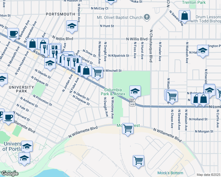 map of restaurants, bars, coffee shops, grocery stores, and more near 7525 North Woolsey Avenue in Portland