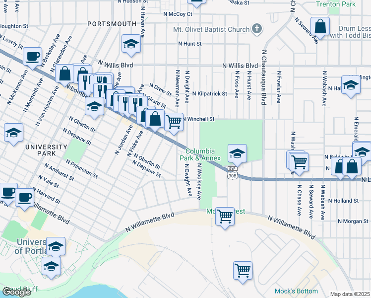 map of restaurants, bars, coffee shops, grocery stores, and more near 4613 North Lombard Street in Portland