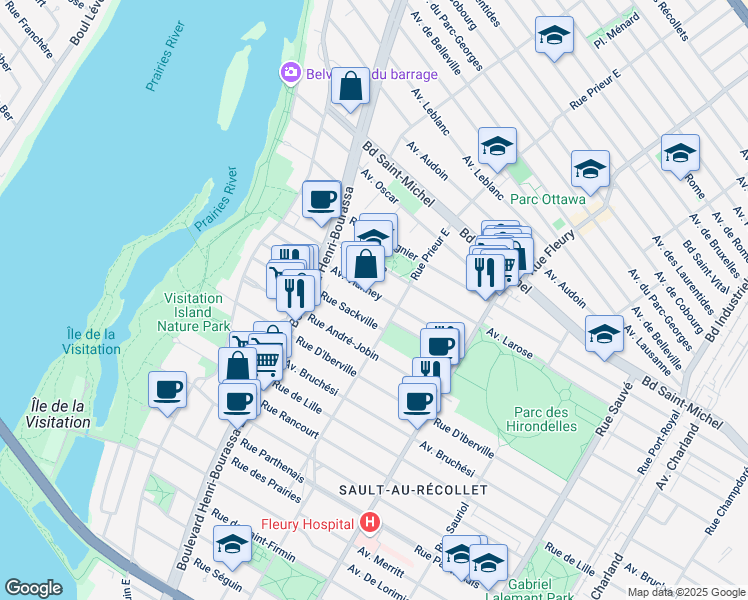 map of restaurants, bars, coffee shops, grocery stores, and more near 10550 Avenue Vianney in Montréal