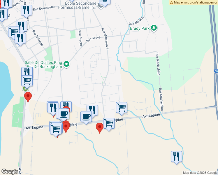 map of restaurants, bars, coffee shops, grocery stores, and more near 70 Rue Elisabeth-Chauvin in Gatineau
