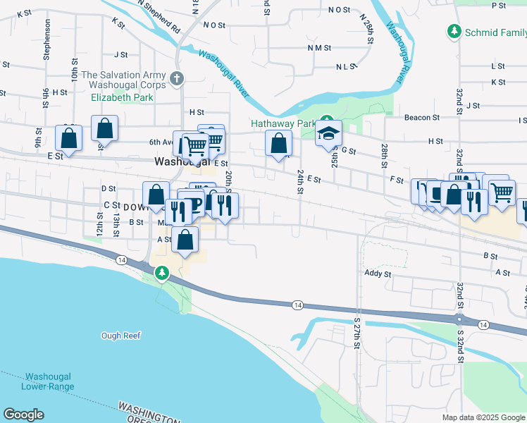 map of restaurants, bars, coffee shops, grocery stores, and more near 230 22nd Street in Washougal