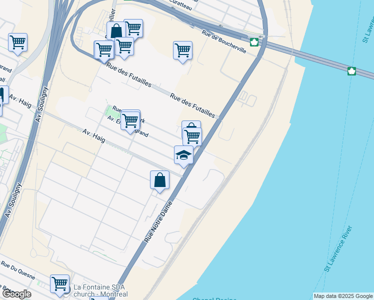 map of restaurants, bars, coffee shops, grocery stores, and more near 555 Avenue Émile Legrand in Montréal