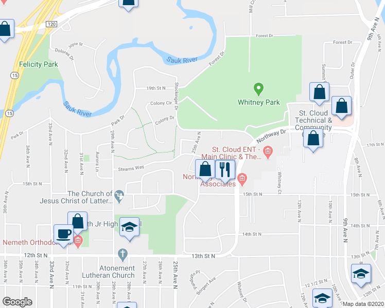 map of restaurants, bars, coffee shops, grocery stores, and more near 2403 Stearns Way in St. Cloud