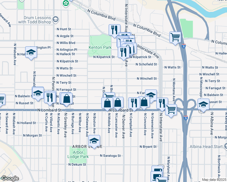 map of restaurants, bars, coffee shops, grocery stores, and more near 2215 North Farragut Street in Portland