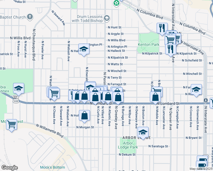 map of restaurants, bars, coffee shops, grocery stores, and more near 7684 North Peninsular Avenue in Portland