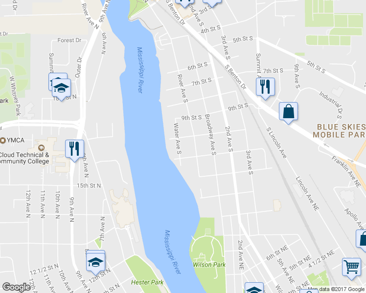 map of restaurants, bars, coffee shops, grocery stores, and more near 1012 Water Avenue South in Sauk Rapids