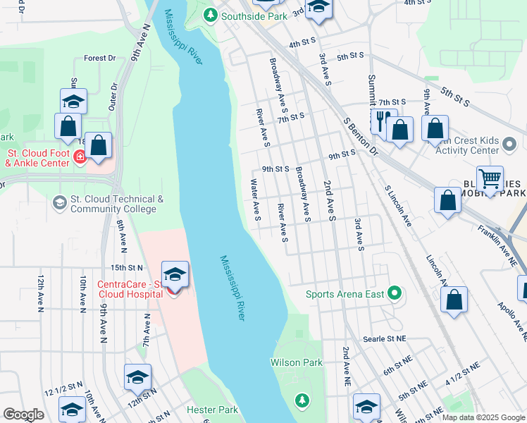 map of restaurants, bars, coffee shops, grocery stores, and more near 1012 Water Avenue South in Sauk Rapids