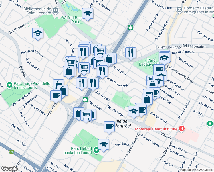 map of restaurants, bars, coffee shops, grocery stores, and more near 7721 Rue Louis Quilico in Montreal