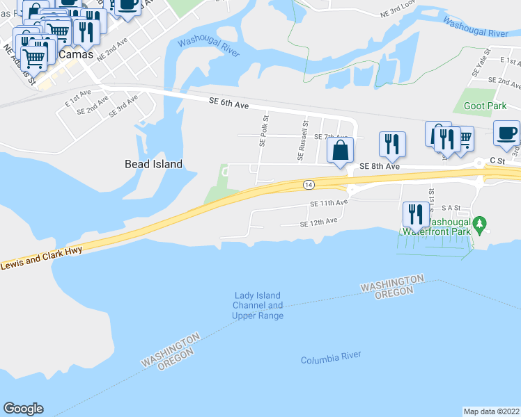 map of restaurants, bars, coffee shops, grocery stores, and more near 1116 Southeast Polk Street in Camas
