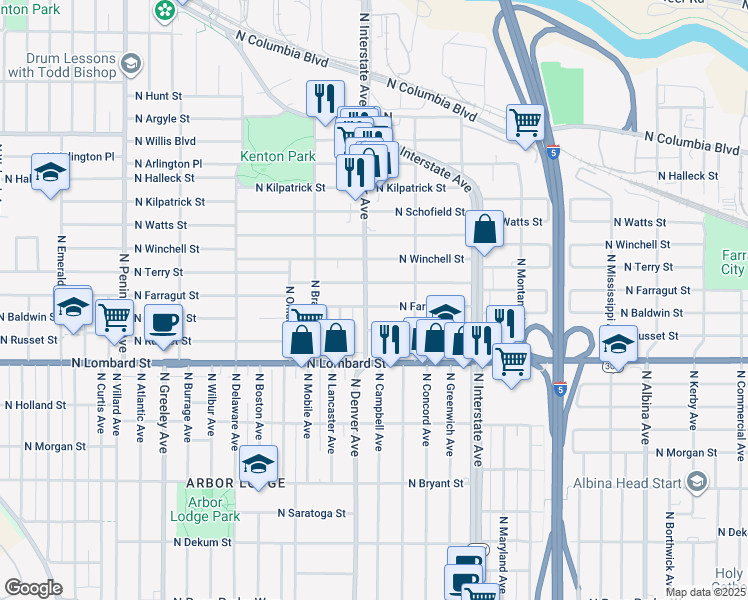 map of restaurants, bars, coffee shops, grocery stores, and more near 7710 North Denver Avenue in Portland