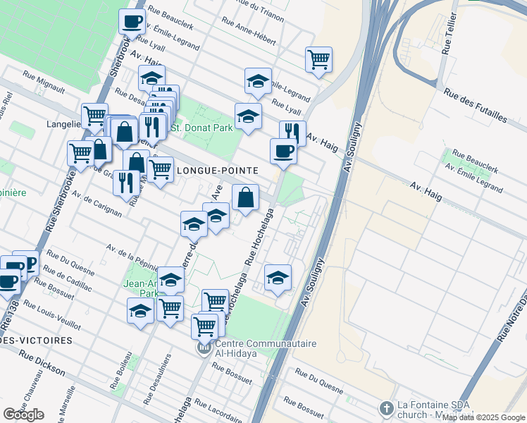 map of restaurants, bars, coffee shops, grocery stores, and more near 6561 Rue Hochelaga in Montréal
