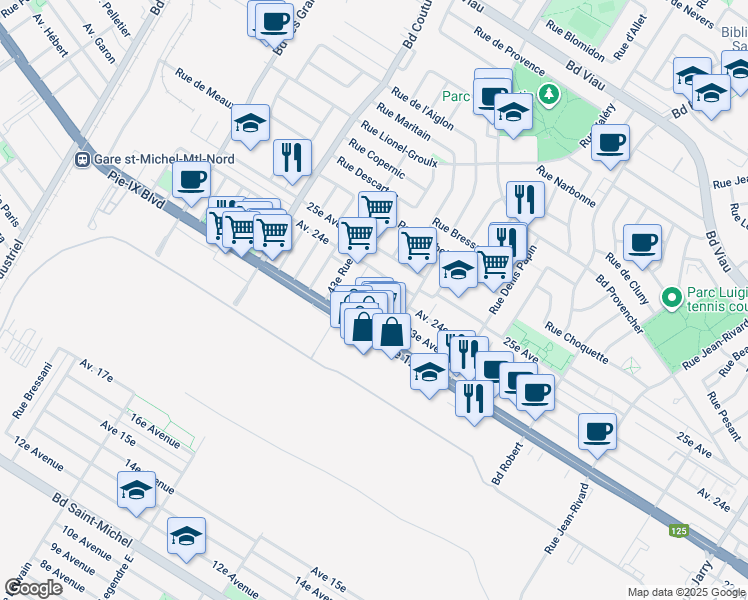 map of restaurants, bars, coffee shops, grocery stores, and more near 4140 41e Rue in Montréal