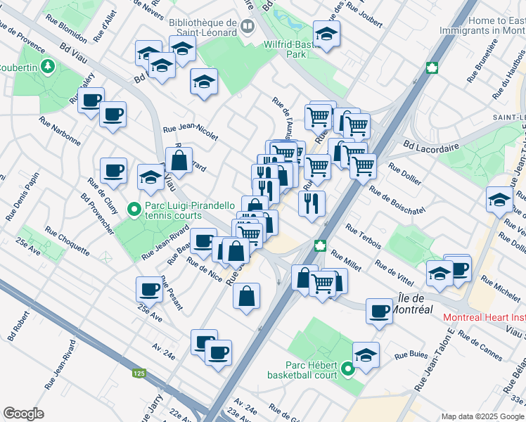 map of restaurants, bars, coffee shops, grocery stores, and more near 8050 Rue de Chamilly in Montréal
