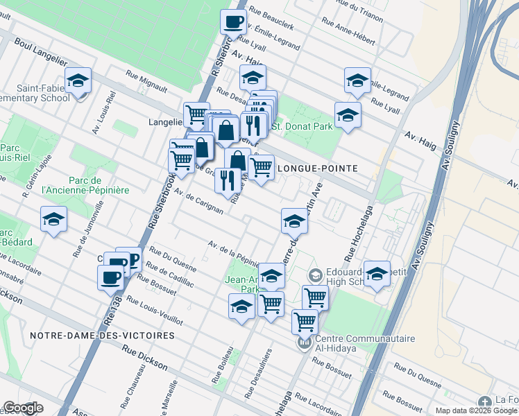 map of restaurants, bars, coffee shops, grocery stores, and more near 2900 Avenue de Repentigny in Montréal