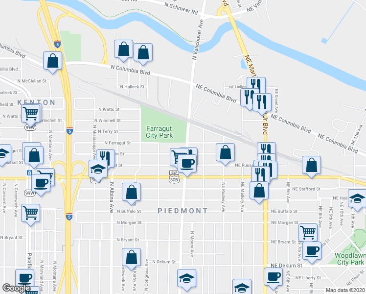 map of restaurants, bars, coffee shops, grocery stores, and more near 7661 North Vancouver Avenue in Portland