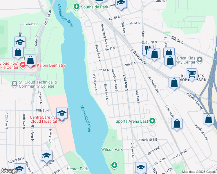map of restaurants, bars, coffee shops, grocery stores, and more near 1016 River Avenue South in Sauk Rapids