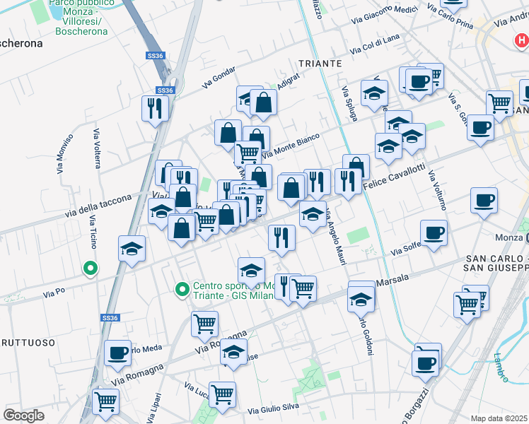 map of restaurants, bars, coffee shops, grocery stores, and more near 4 Via Monte Cervino in Monza
