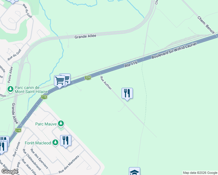map of restaurants, bars, coffee shops, grocery stores, and more near 720 Chemin Authier in Mont-Saint-Hilaire