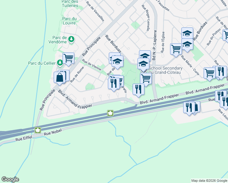 map of restaurants, bars, coffee shops, grocery stores, and more near 170 Place d'Amboise in Sainte-Julie
