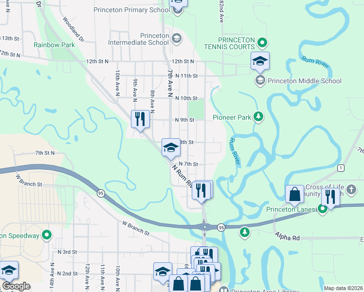 map of restaurants, bars, coffee shops, grocery stores, and more near 711 6th Avenue North in Princeton