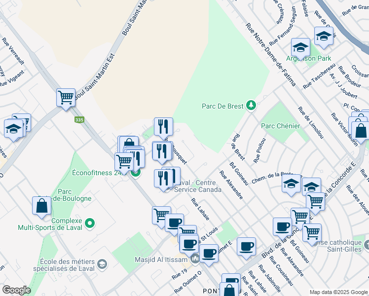 map of restaurants, bars, coffee shops, grocery stores, and more near 1078 Rue Biencourt in Laval