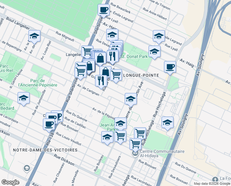 map of restaurants, bars, coffee shops, grocery stores, and more near 2900 Avenue de Repentigny in Montréal