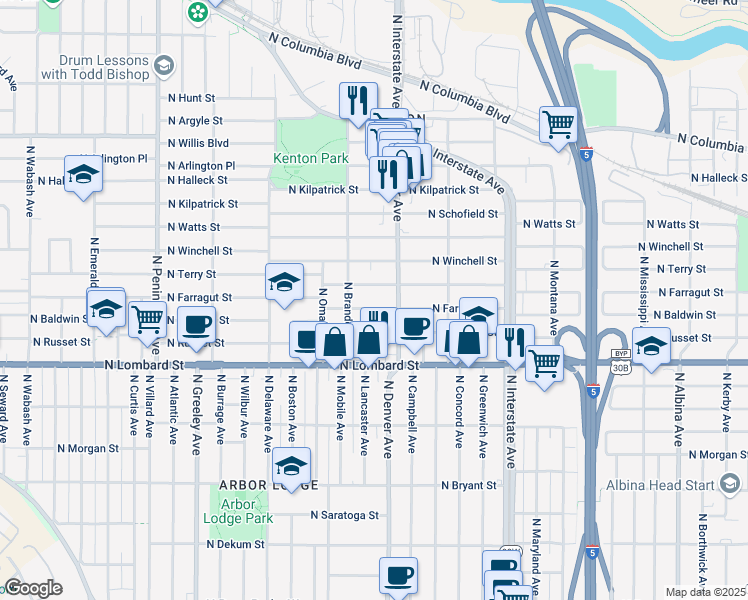 map of restaurants, bars, coffee shops, grocery stores, and more near 2045 North Farragut Street in Portland