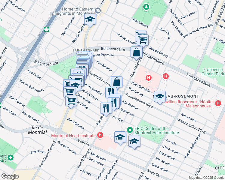 map of restaurants, bars, coffee shops, grocery stores, and more near 6994 Boulevard de l'Assomption in Montréal