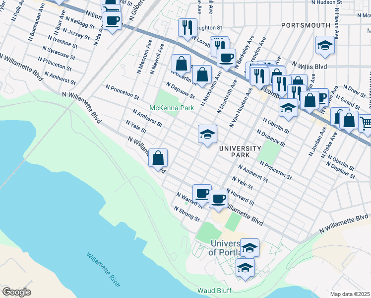 map of restaurants, bars, coffee shops, grocery stores, and more near 5819 North Yale Street in Portland